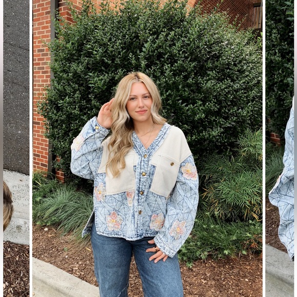 4. NWOT POL Stylish Blue and Cream Floral Quilted Patchwork Denim Jacket - Picture 6 of 8